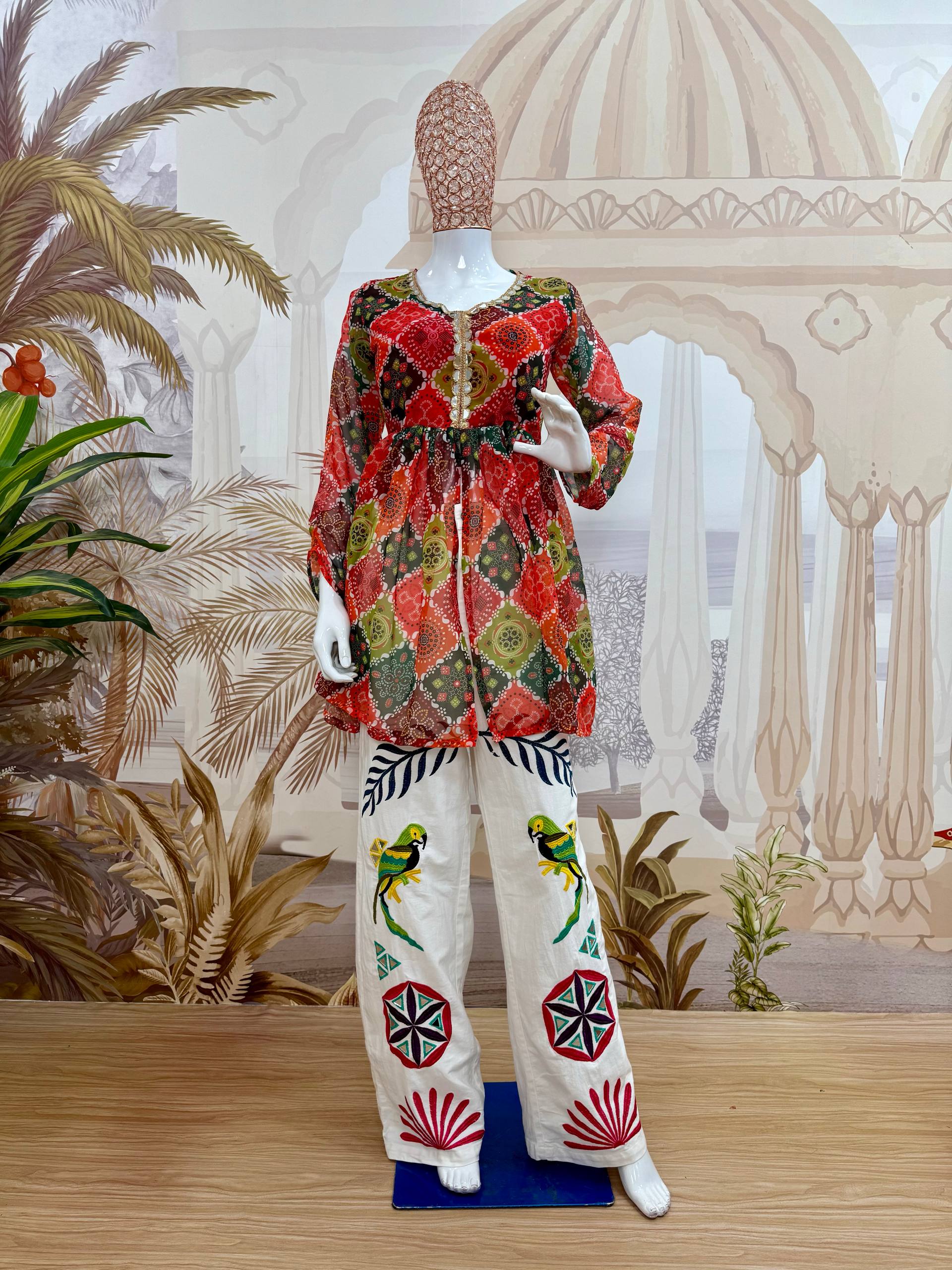 Aarshika Georgette Mirror Lace Work Kediya Top with Embroidered Denim Jeans