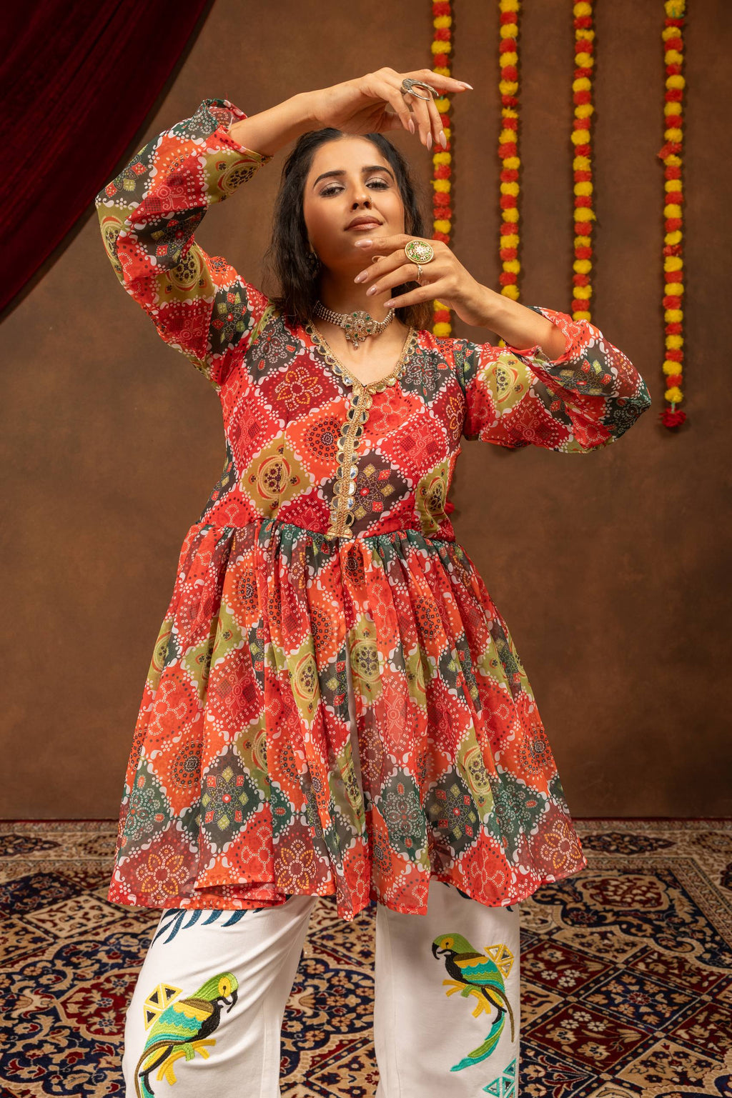 Aarshika Georgette Mirror Lace Work Kediya Top with Embroidered Denim Jeans