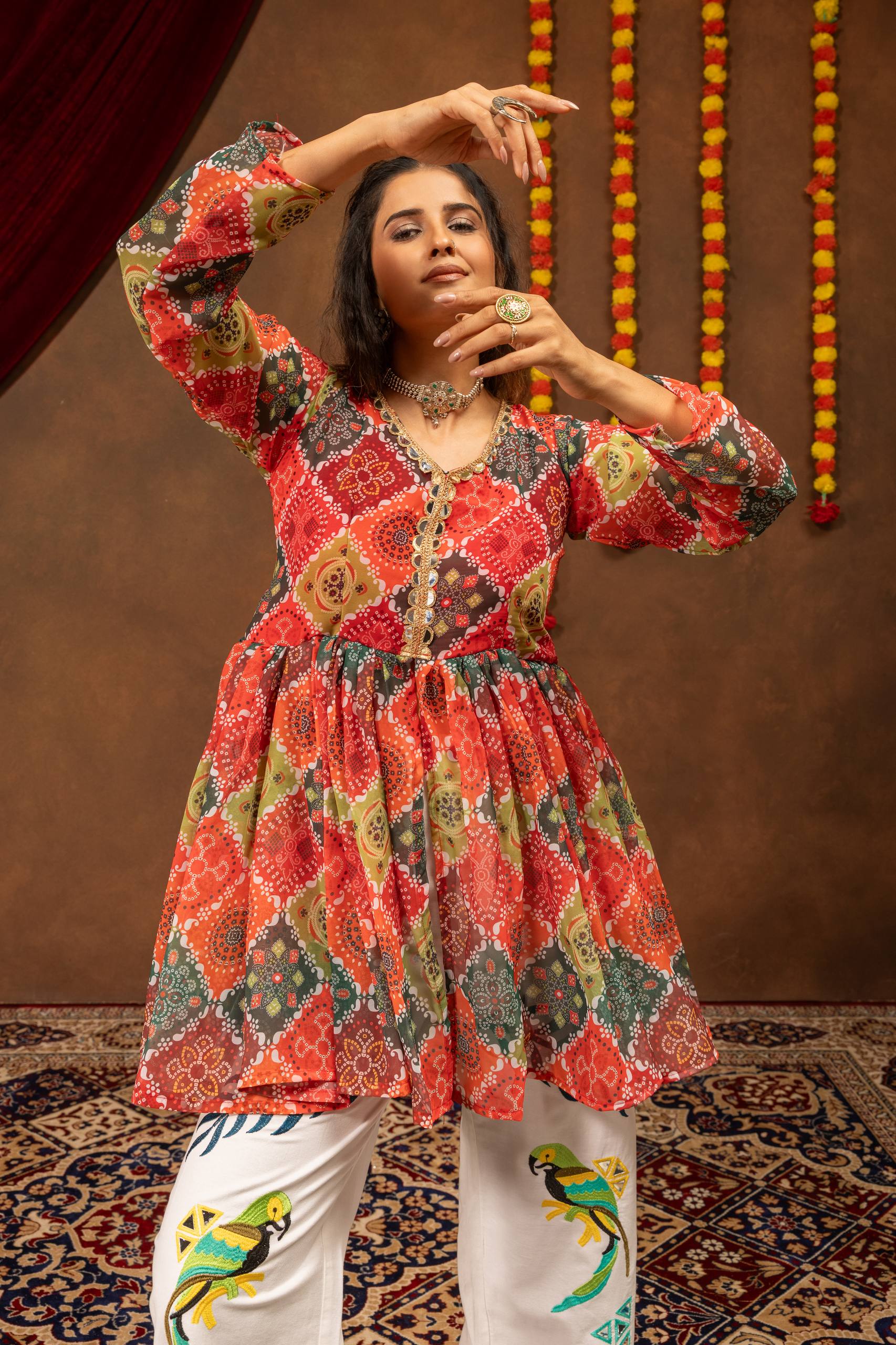 Aarshika Georgette Mirror Lace Work Kediya Top with Embroidered Denim Jeans