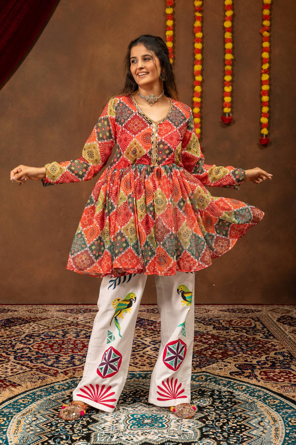 Aarshika Georgette Mirror Lace Work Kediya Top with Embroidered Denim Jeans