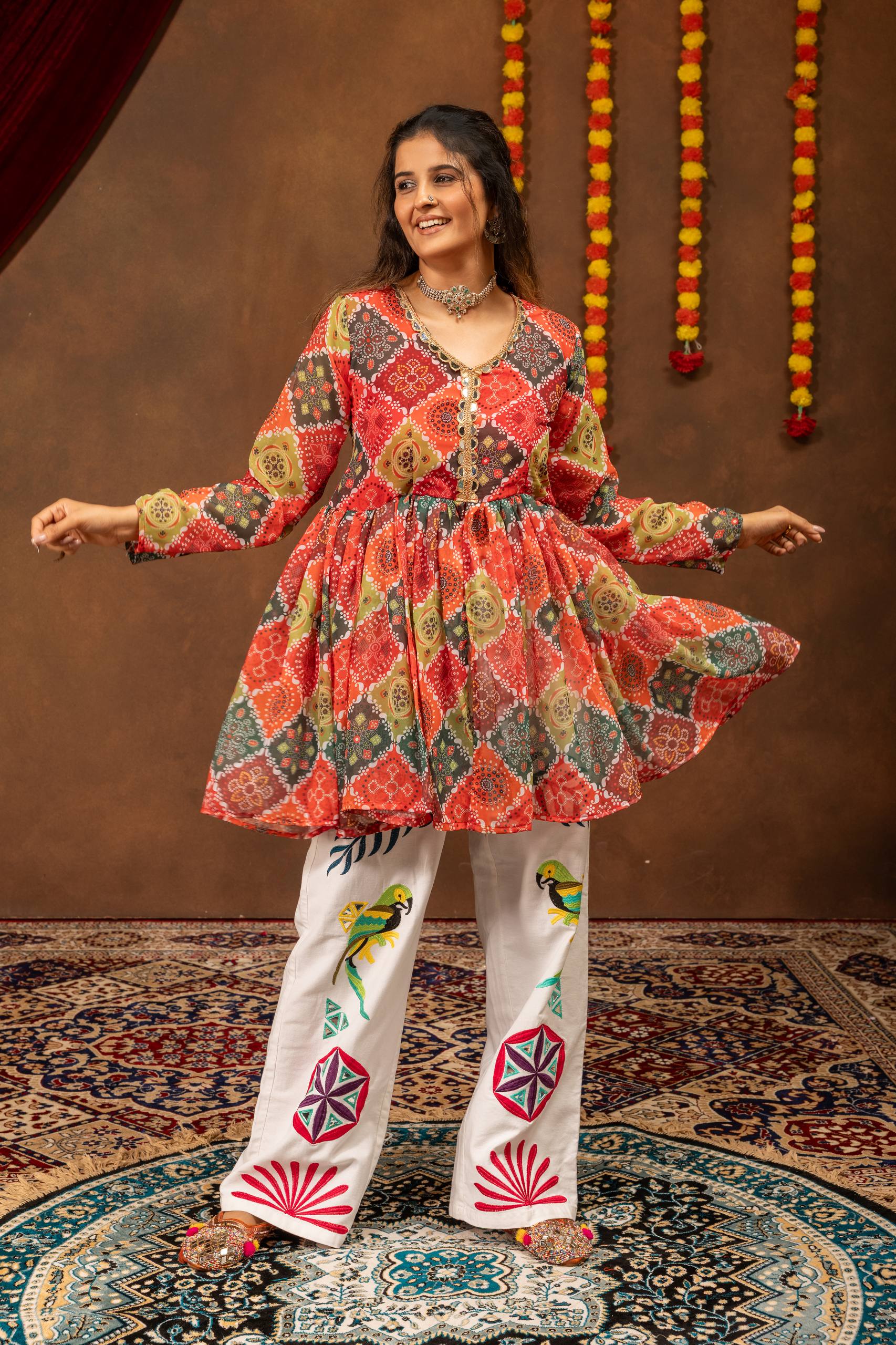 Aarshika Georgette Mirror Lace Work Kediya Top with Embroidered Denim Jeans