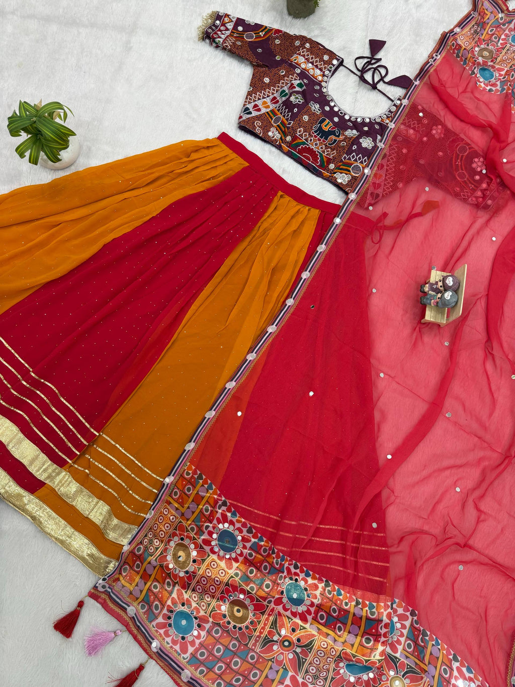 Aaradhita Georgette Diamond & Lace Work Lehenga with Mirror Work Blouse & Dupatta