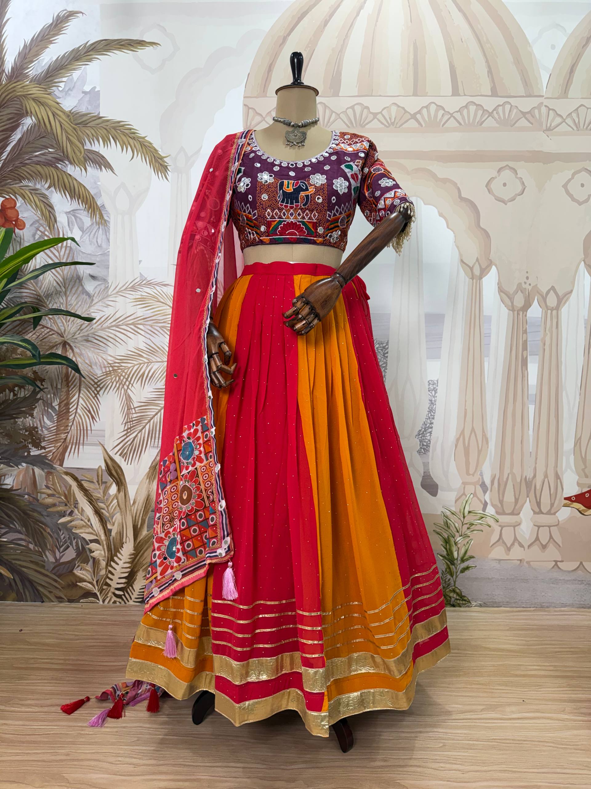 Aaradhita Georgette Diamond & Lace Work Lehenga with Mirror Work Blouse & Dupatta