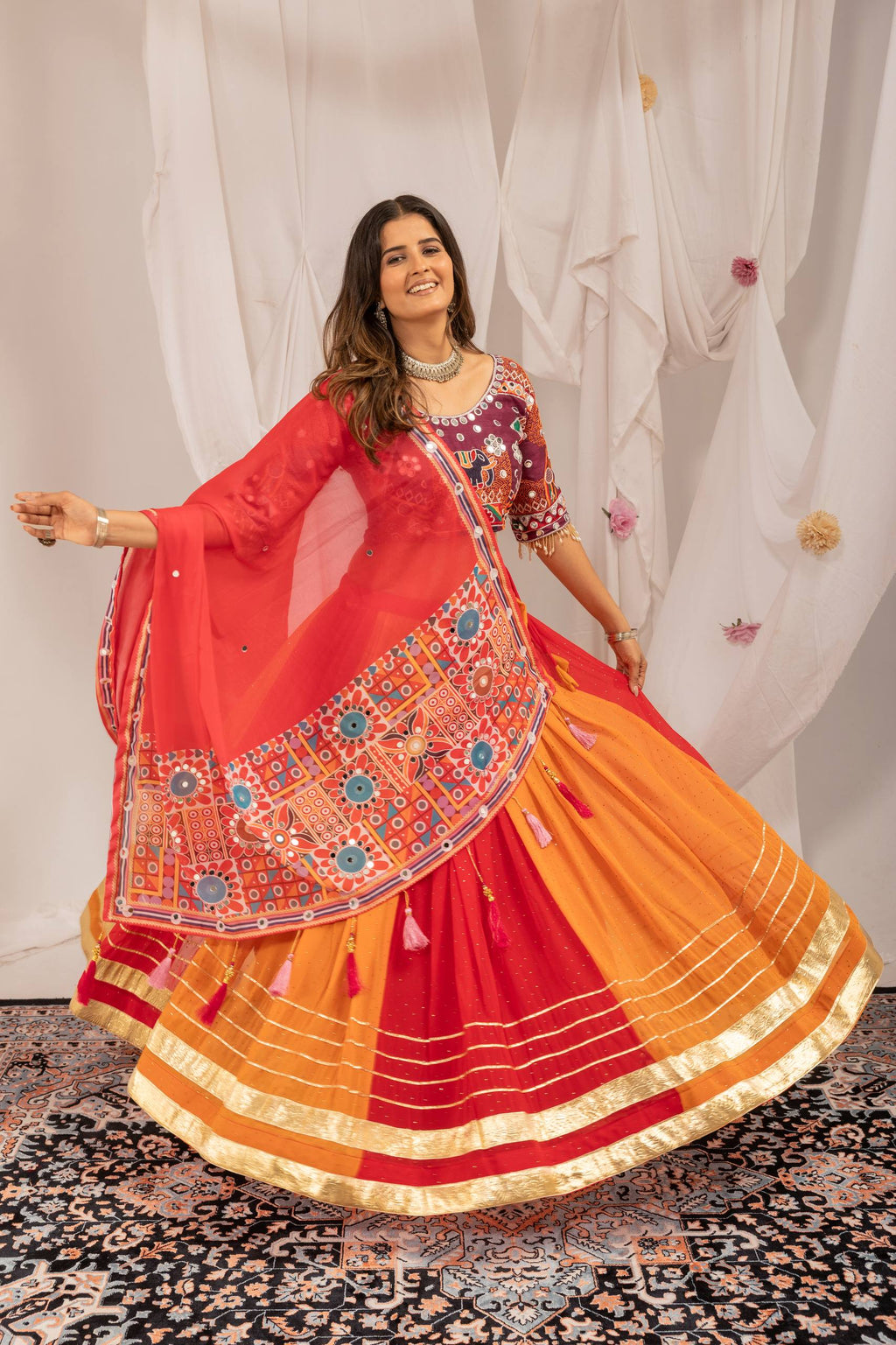 Aaradhita Georgette Diamond & Lace Work Lehenga with Mirror Work Blouse & Dupatta