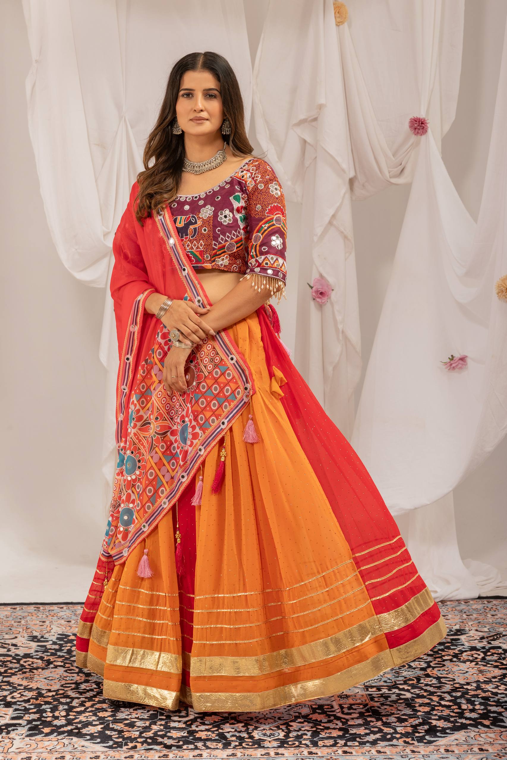 Aaradhita Georgette Diamond & Lace Work Lehenga with Mirror Work Blouse & Dupatta