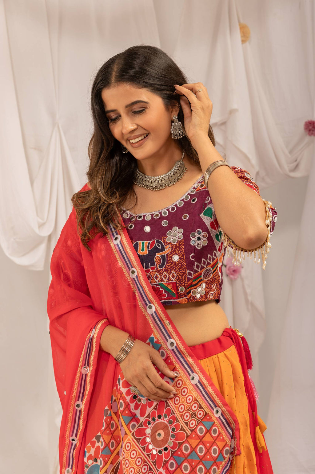 Aaradhita Georgette Diamond & Lace Work Lehenga with Mirror Work Blouse & Dupatta