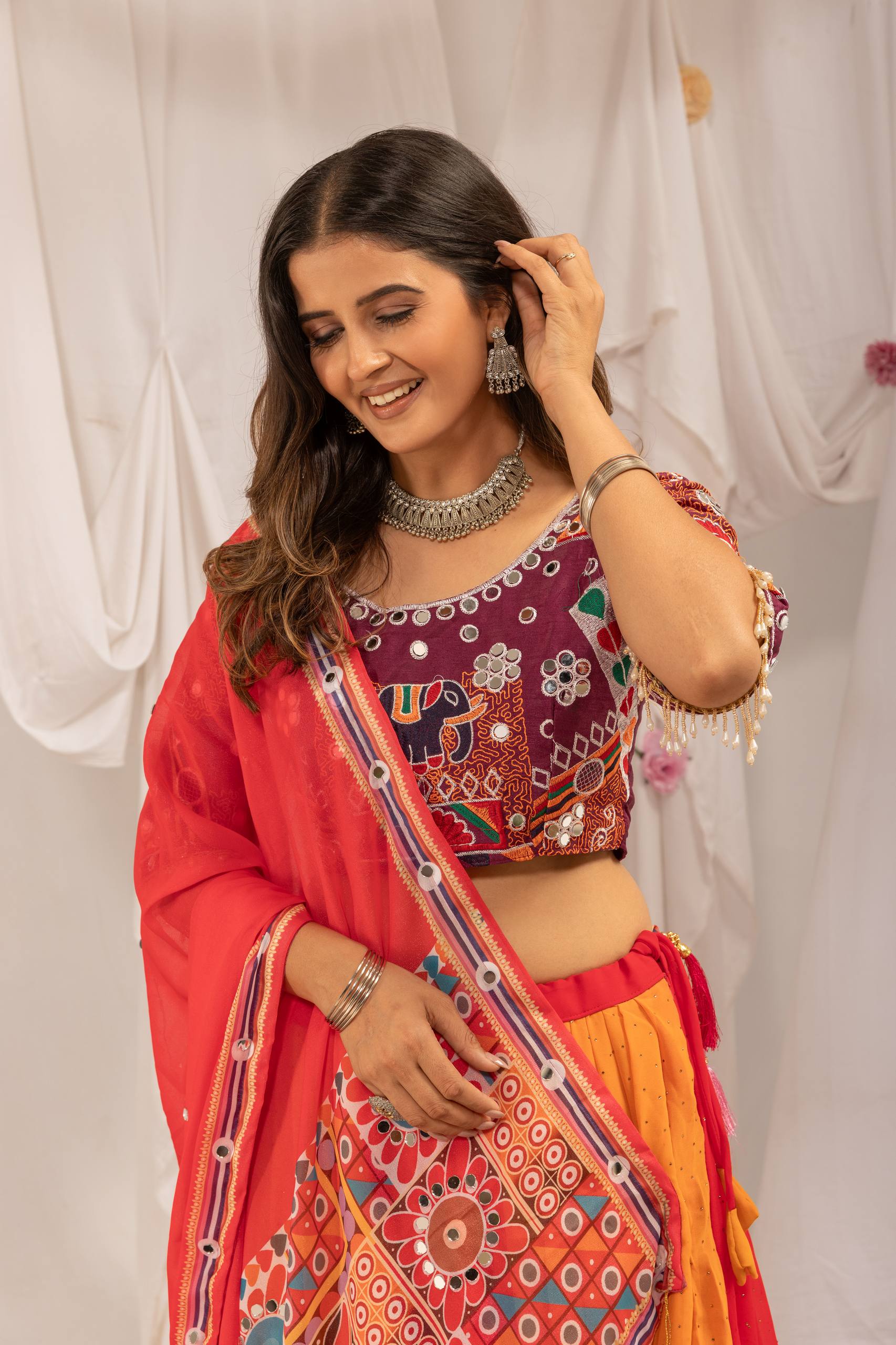 Aaradhita Georgette Diamond & Lace Work Lehenga with Mirror Work Blouse & Dupatta
