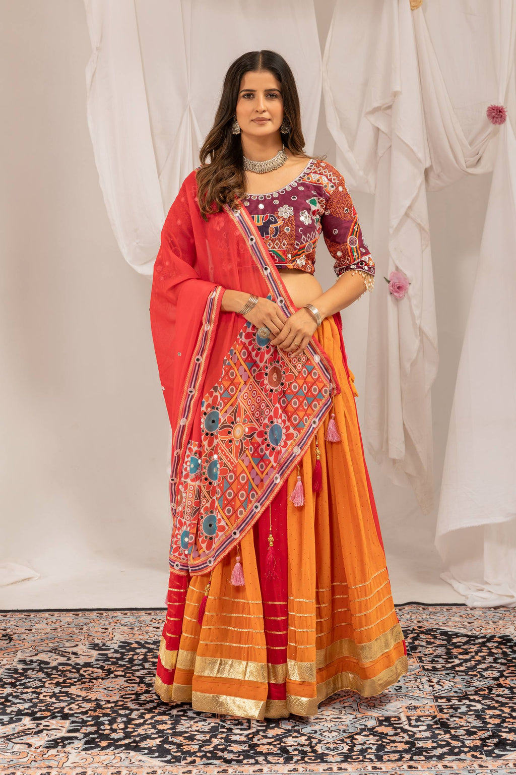 Aaradhita Georgette Diamond & Lace Work Lehenga with Mirror Work Blouse & Dupatta