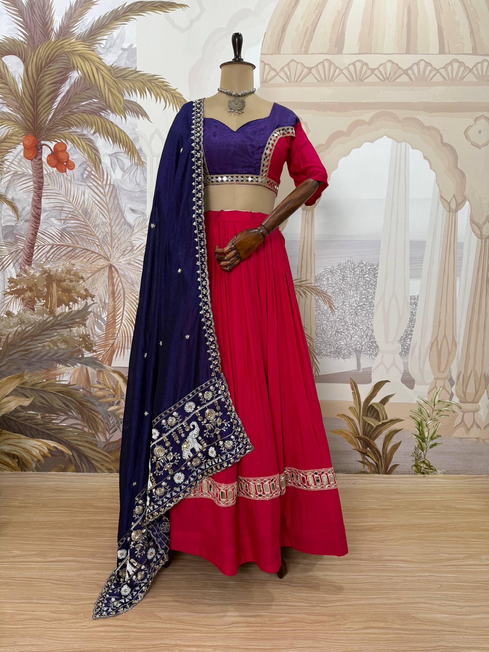 Bhanvi Pure Rayon Mirror & Embroidery Work Lehenga Choli Set with Beaded Dupatta