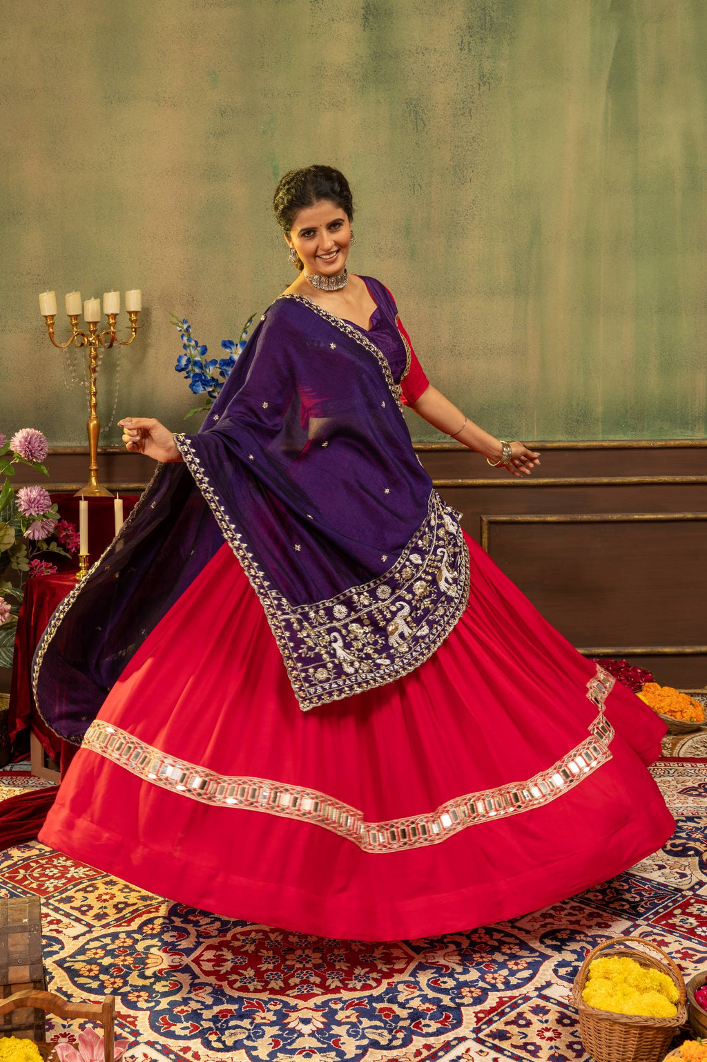 Bhanvi Pure Rayon Mirror & Embroidery Work Lehenga Choli Set with Beaded Dupatta