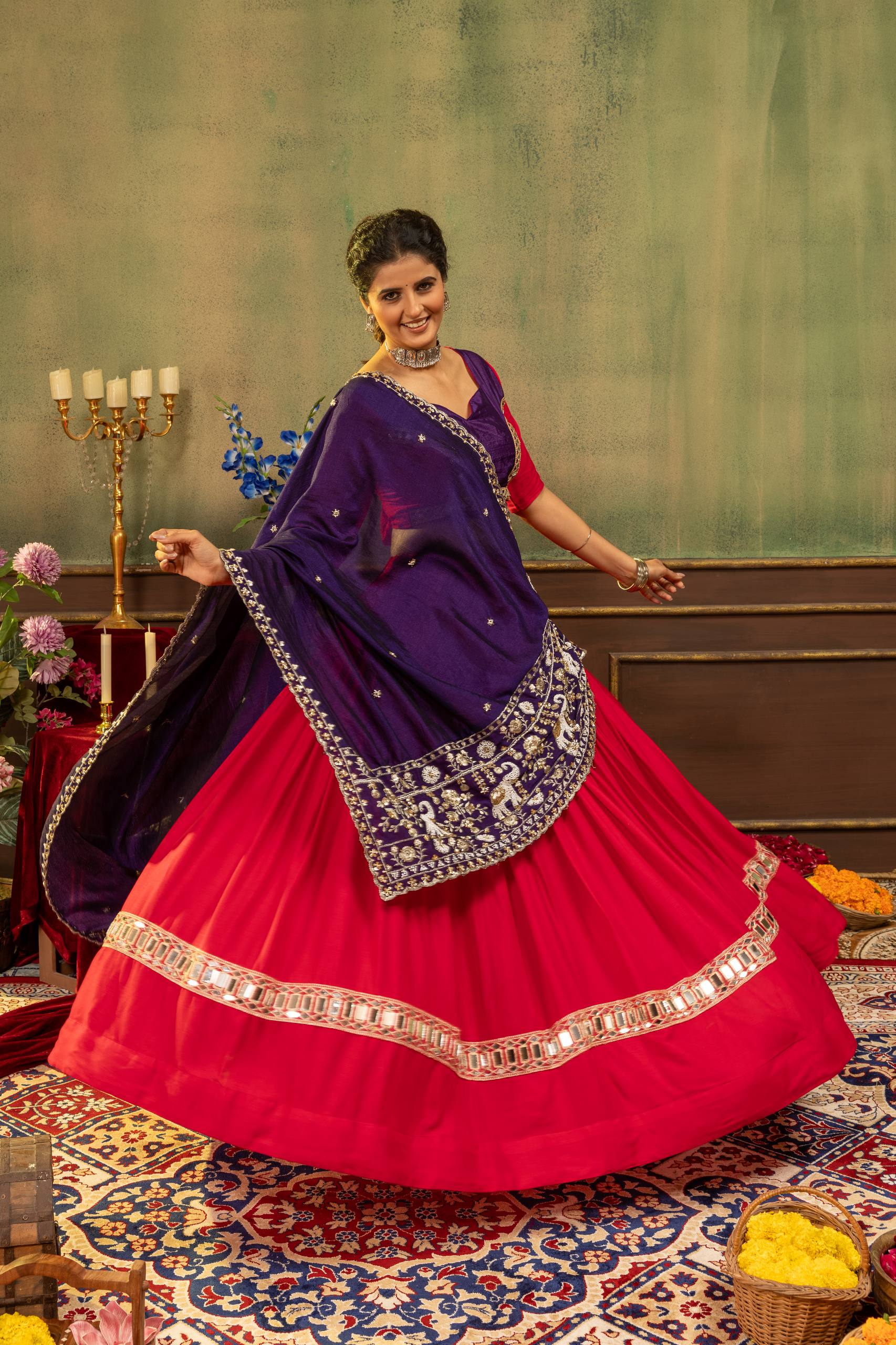 Bhanvi Pure Rayon Mirror & Embroidery Work Lehenga Choli Set with Beaded Dupatta