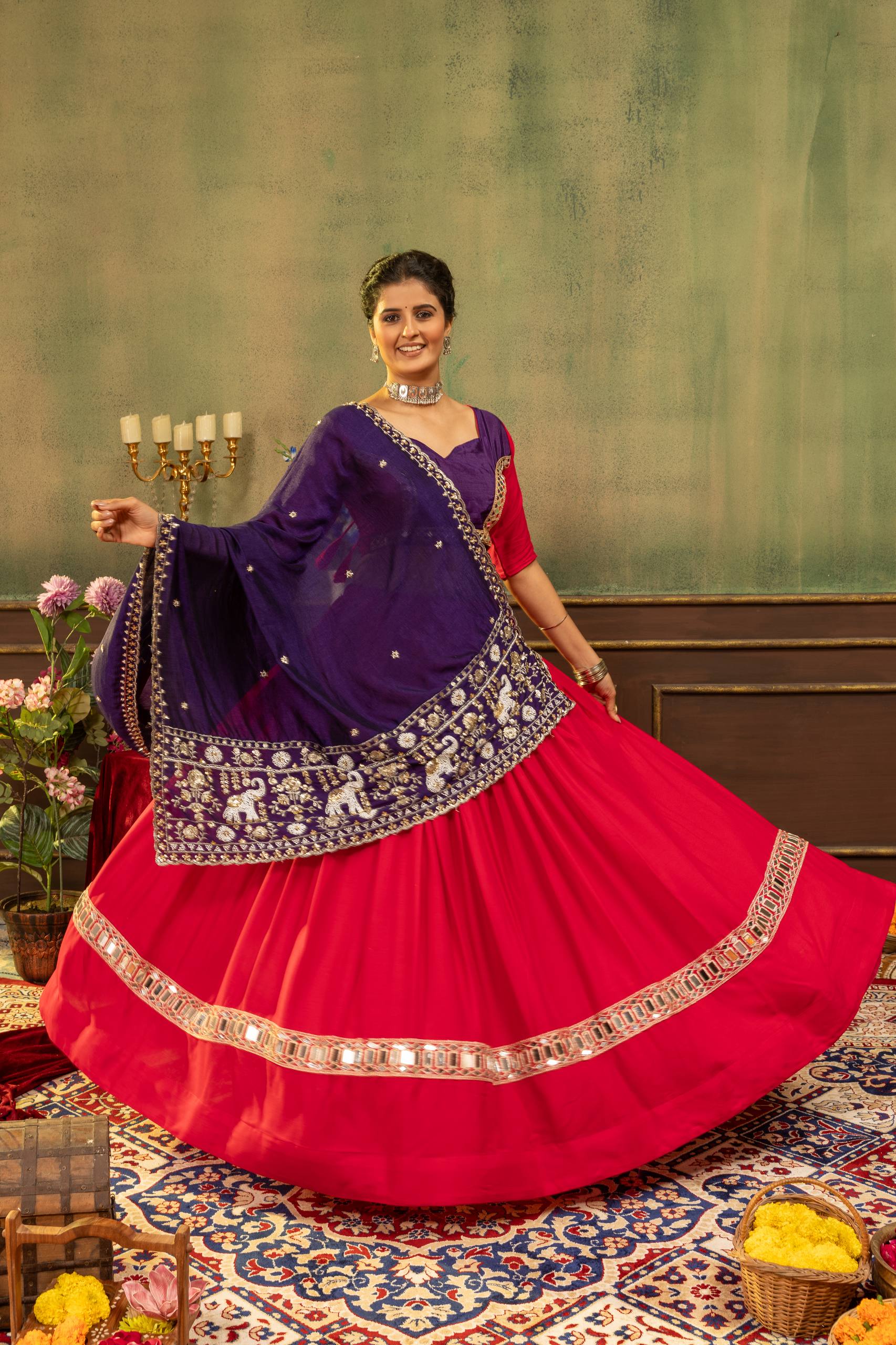 Bhanvi Pure Rayon Mirror & Embroidery Work Lehenga Choli Set with Beaded Dupatta