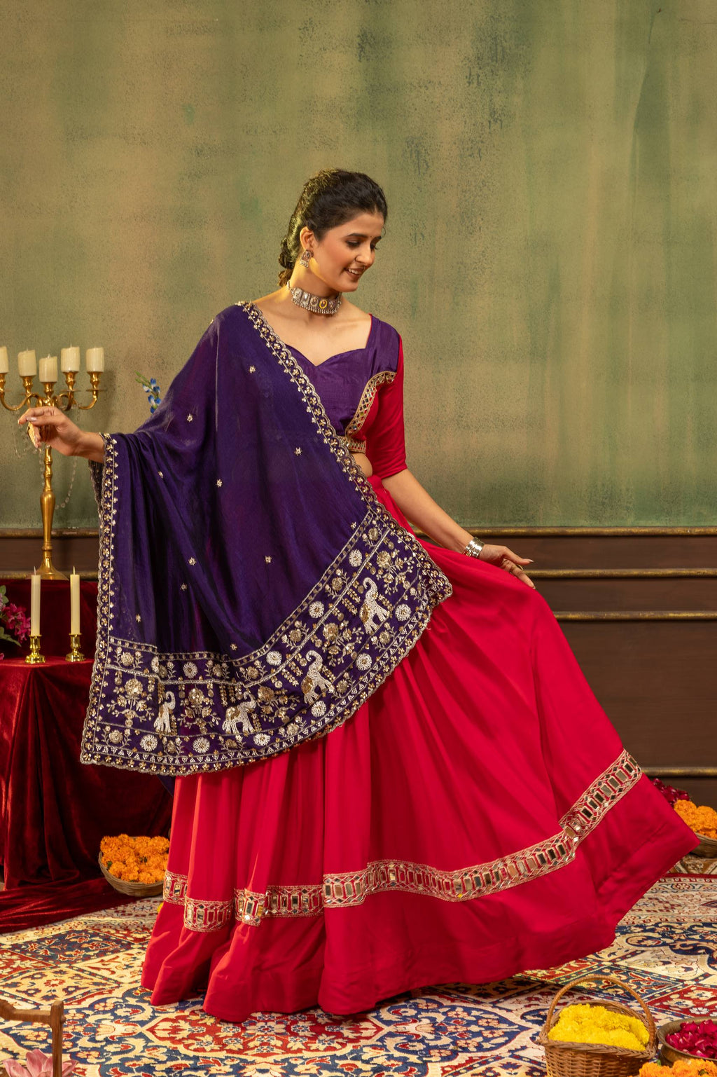 Bhanvi Pure Rayon Mirror & Embroidery Work Lehenga Choli Set with Beaded Dupatta