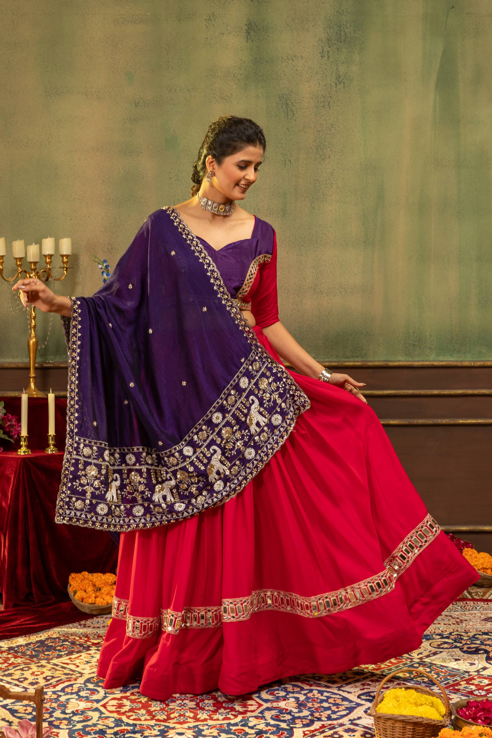 Bhanvi Pure Rayon Mirror & Embroidery Work Lehenga Choli Set with Beaded Dupatta