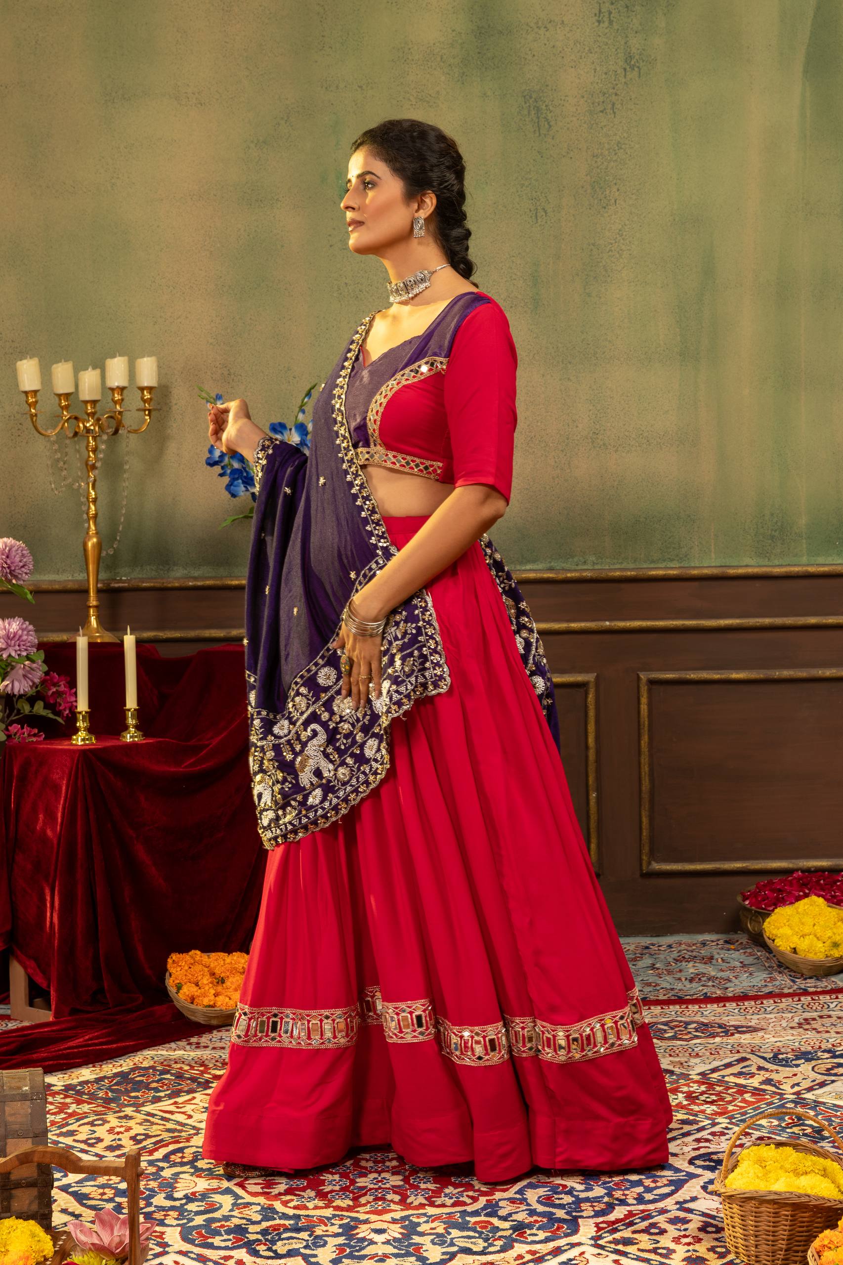 Bhanvi Pure Rayon Mirror & Embroidery Work Lehenga Choli Set with Beaded Dupatta