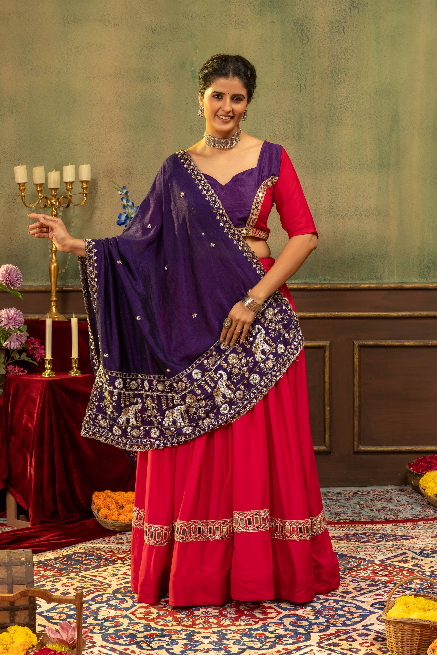 Bhanvi Pure Rayon Mirror & Embroidery Work Lehenga Choli Set with Beaded Dupatta