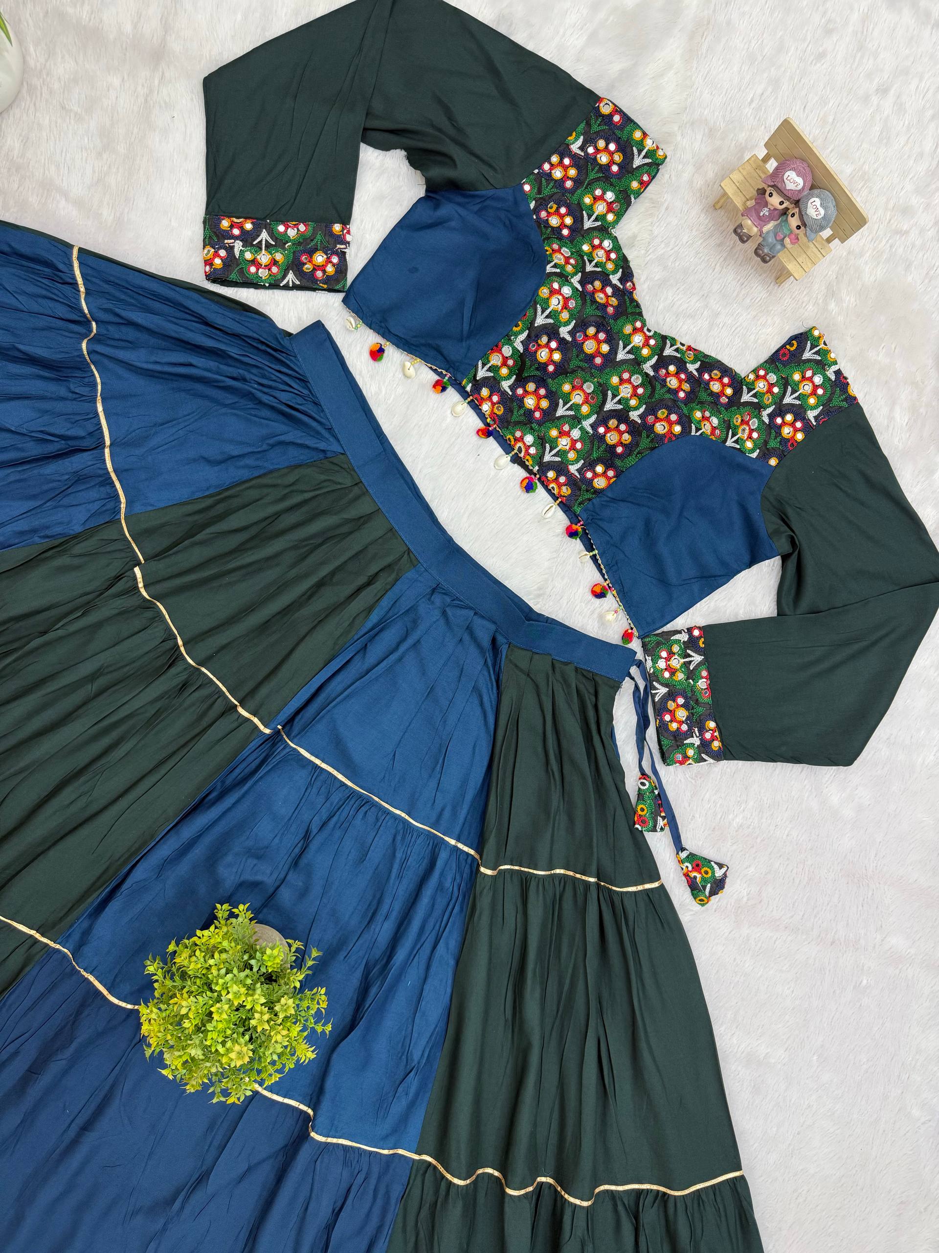 Vasundhara Pure Rayon Ruffle Lehenga with Embroidery & Mirror Work Blouse