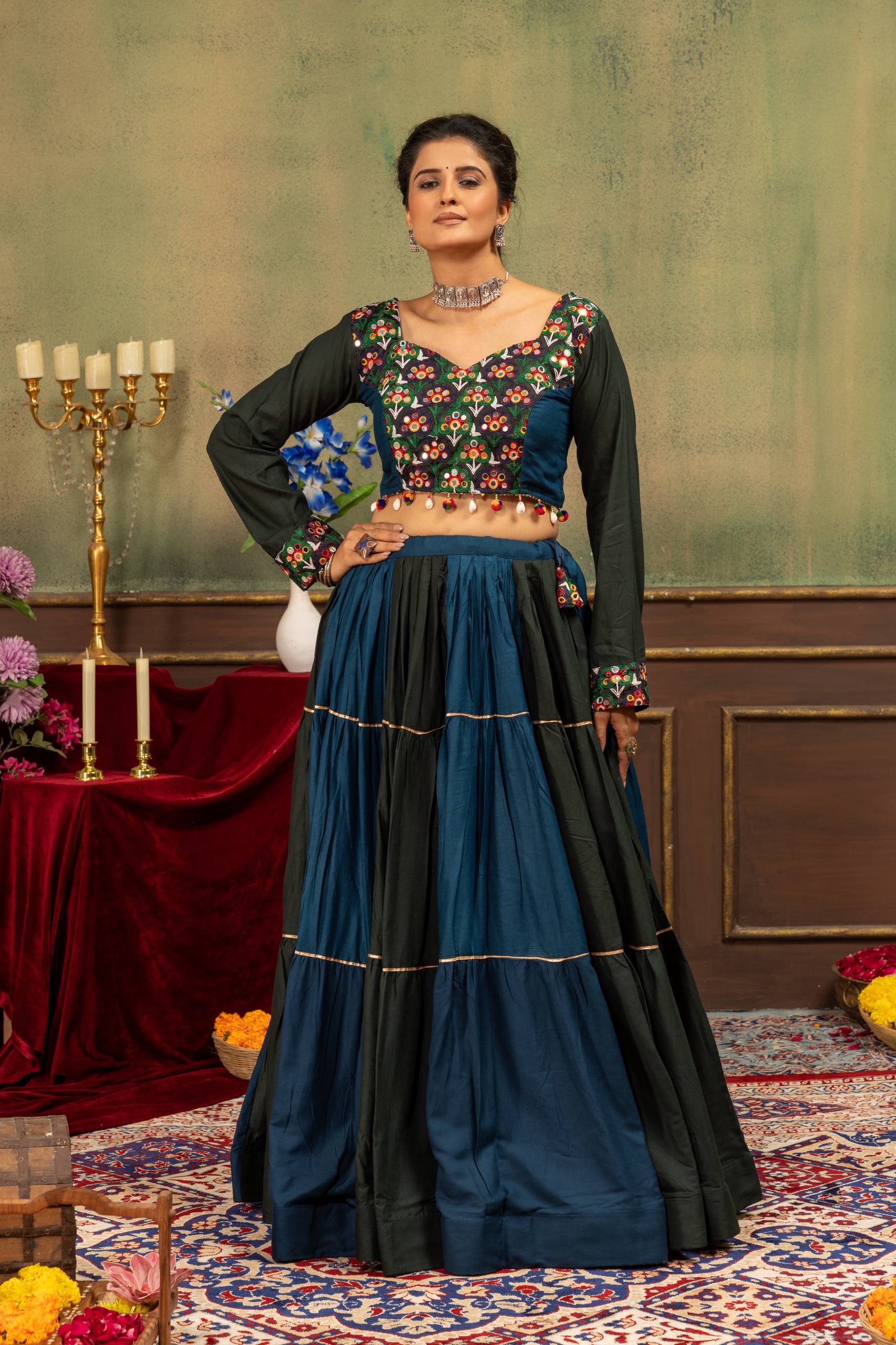 Vasundhara Pure Rayon Ruffle Lehenga with Embroidery & Mirror Work Blouse