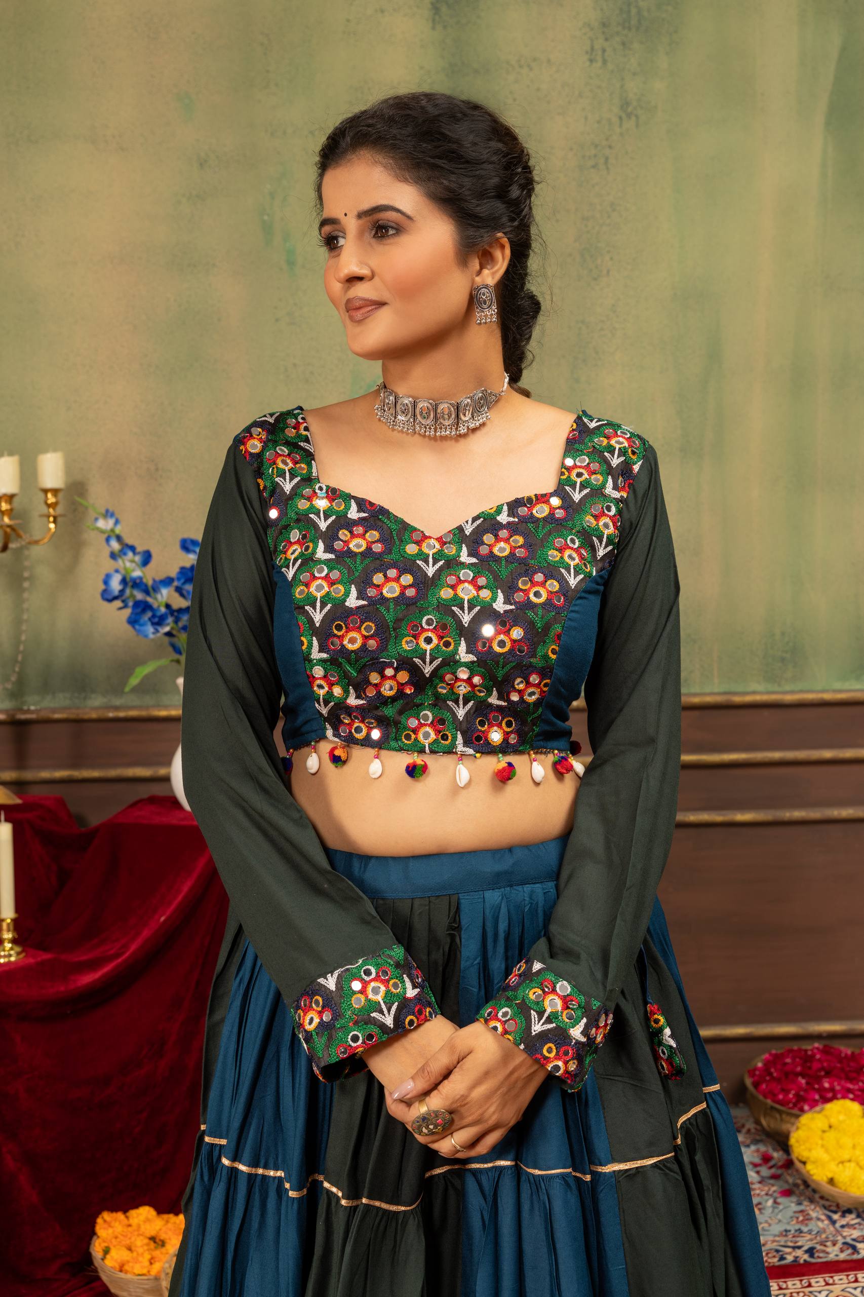 Vasundhara Pure Rayon Ruffle Lehenga with Embroidery & Mirror Work Blouse