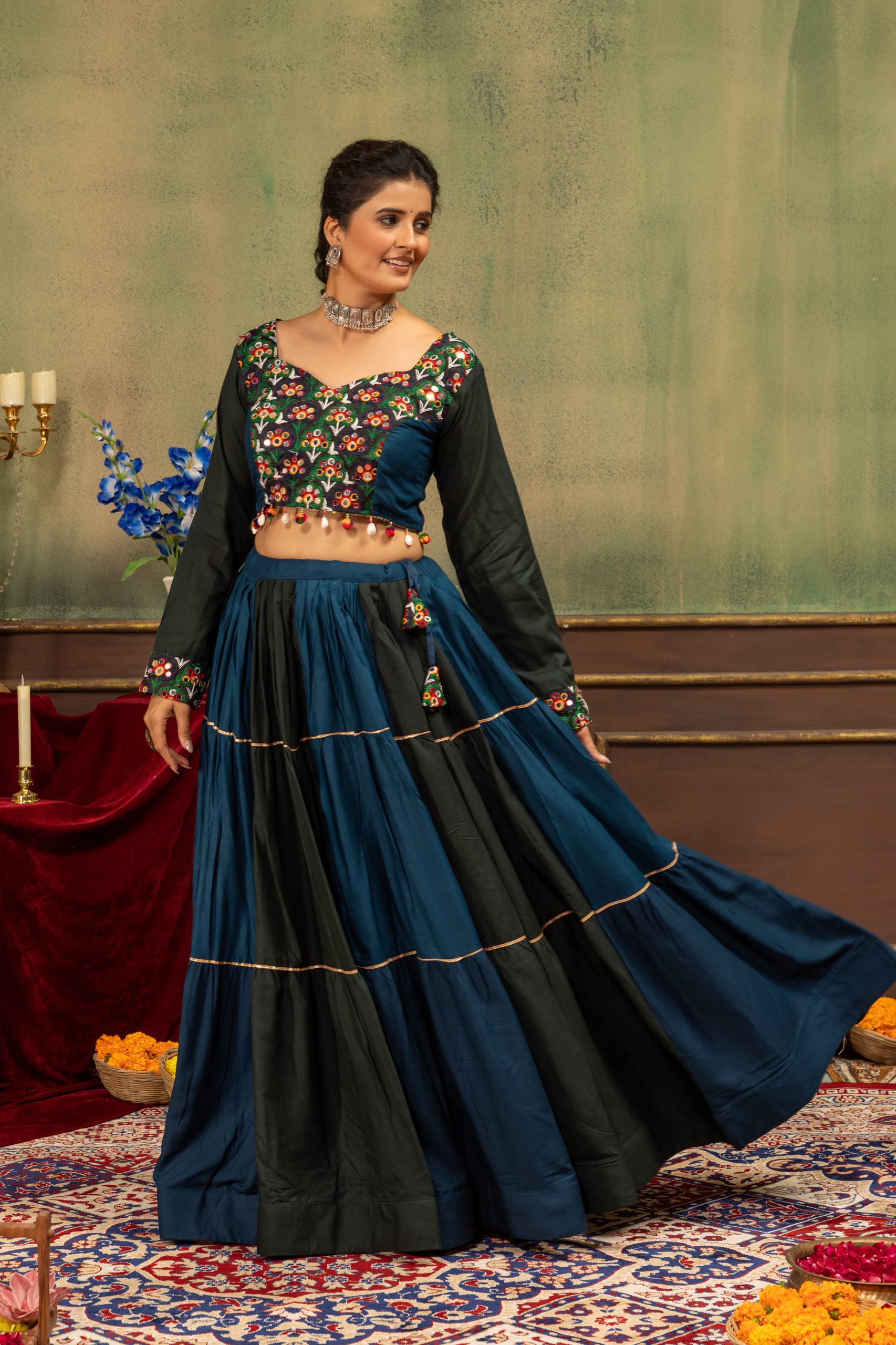 Vasundhara Pure Rayon Ruffle Lehenga with Embroidery & Mirror Work Blouse