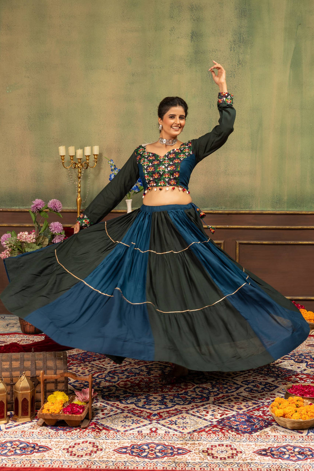 Vasundhara Pure Rayon Ruffle Lehenga with Embroidery & Mirror Work Blouse