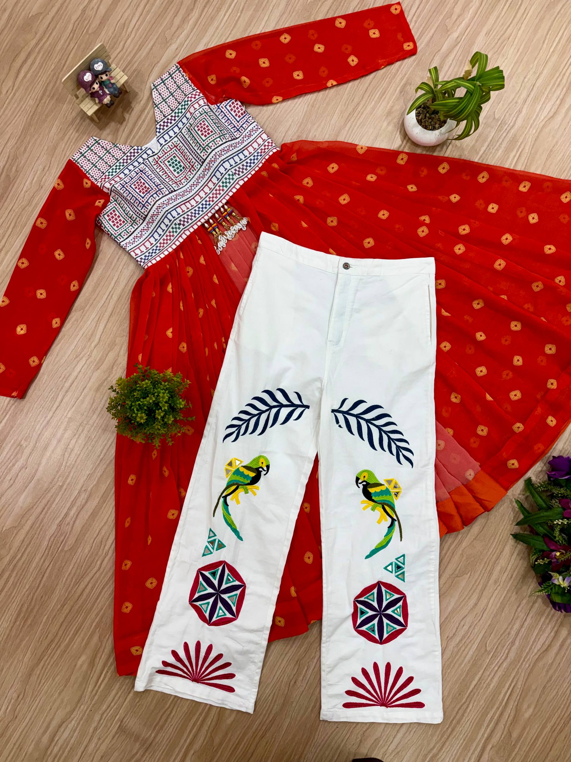 Chitrakshi Printed Georgette Embroidered Shrug with Embroidery & Mirror Work & Denim Jeans