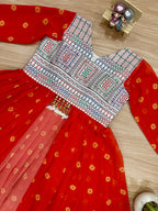 Chitrakshi Printed Georgette Embroidered Shrug with Embroidery & Mirror Work & Denim Jeans