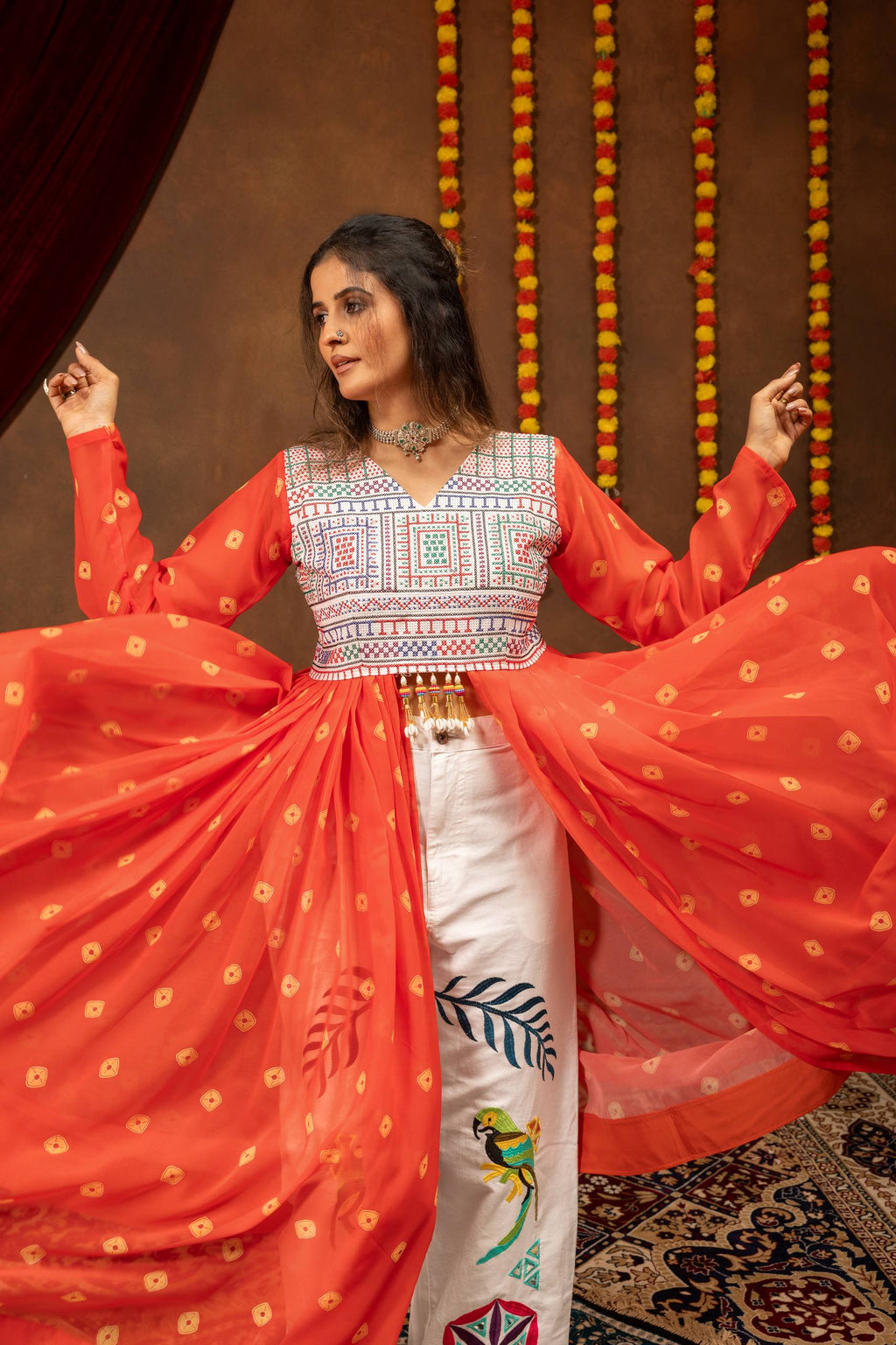 Chitrakshi Printed Georgette Embroidered Shrug with Embroidery & Mirror Work & Denim Jeans