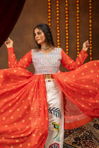 Chitrakshi Printed Georgette Embroidered Shrug with Embroidery & Mirror Work & Denim Jeans