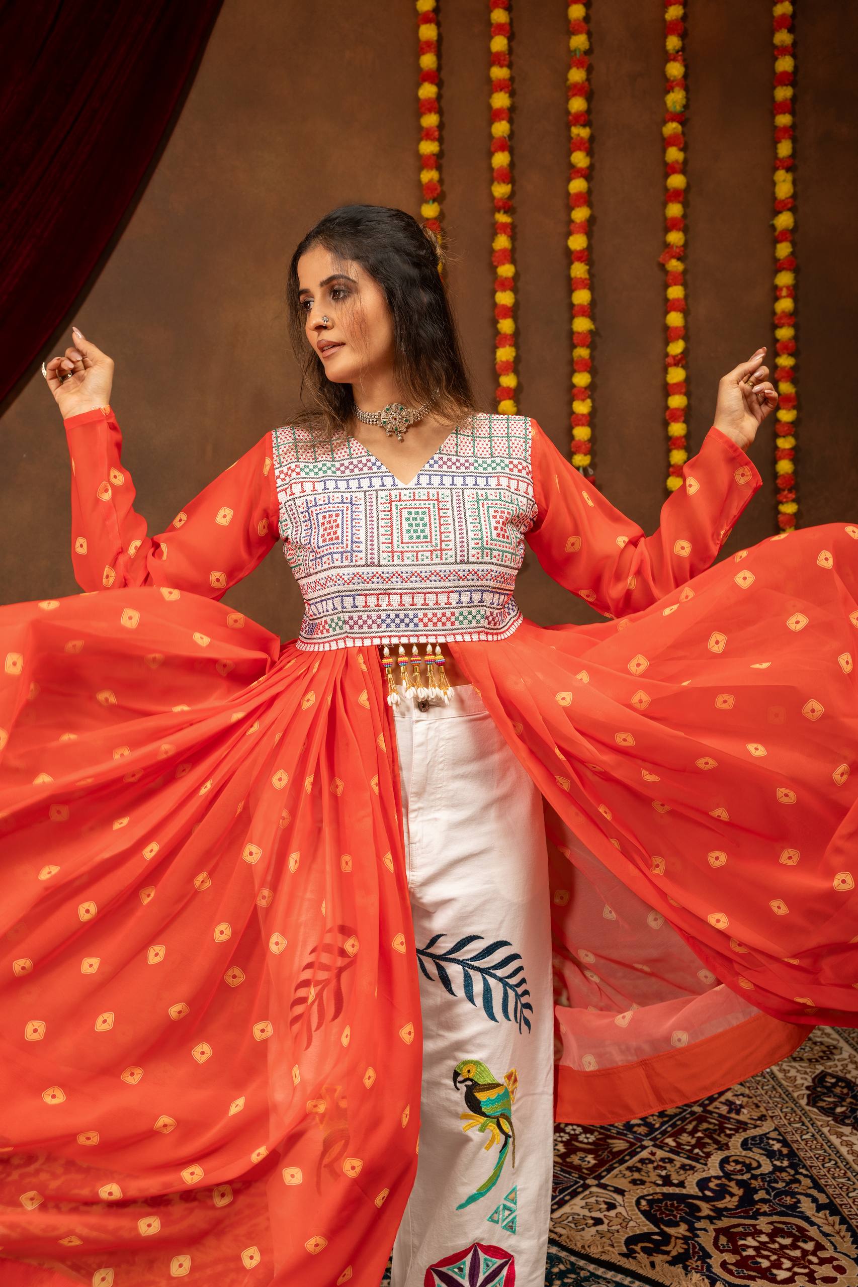 Chitrakshi Printed Georgette Embroidered Shrug with Embroidery & Mirror Work & Denim Jeans