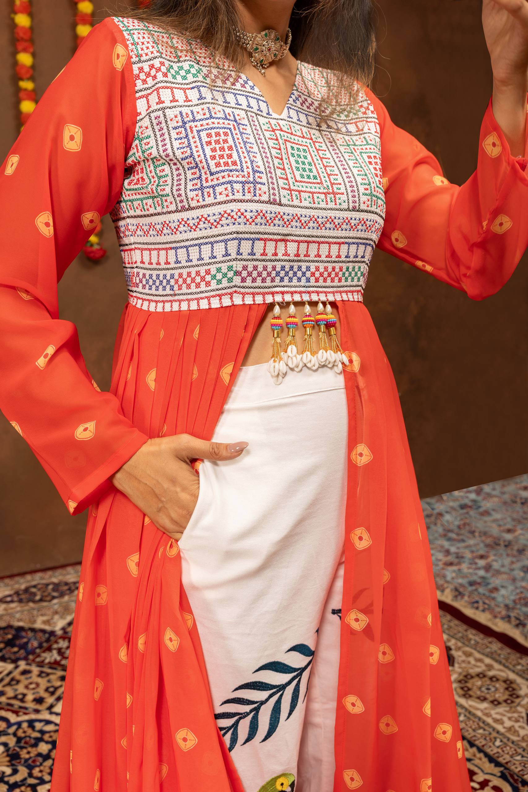 Chitrakshi Printed Georgette Embroidered Shrug with Embroidery & Mirror Work & Denim Jeans