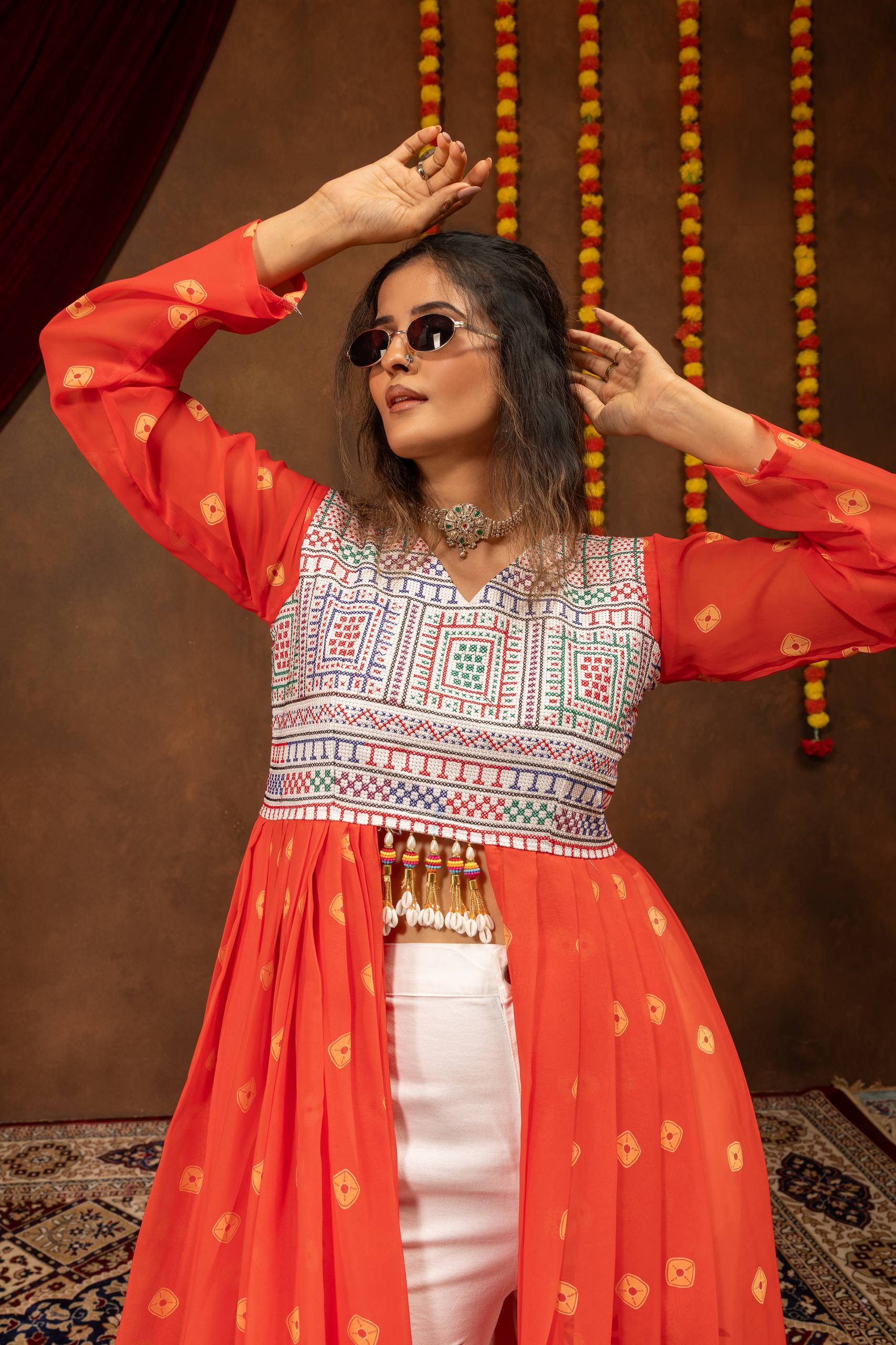 Chitrakshi Printed Georgette Embroidered Shrug with Embroidery & Mirror Work & Denim Jeans