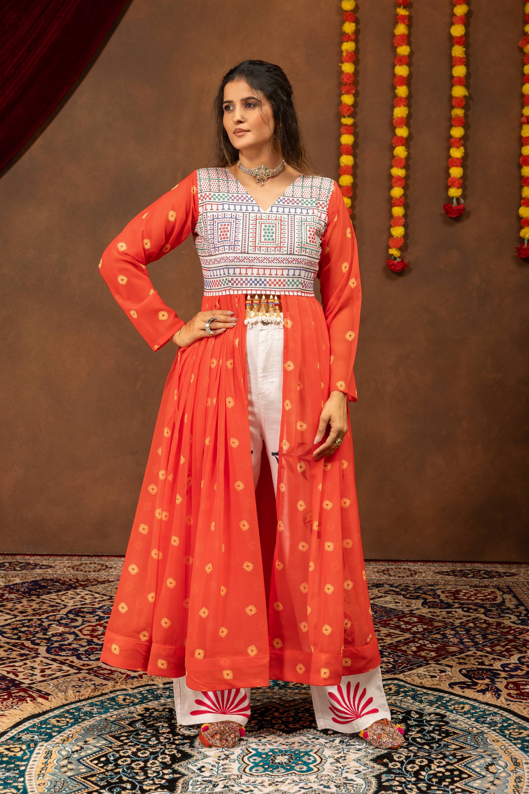 Chitrakshi Printed Georgette Embroidered Shrug with Embroidery & Mirror Work & Denim Jeans