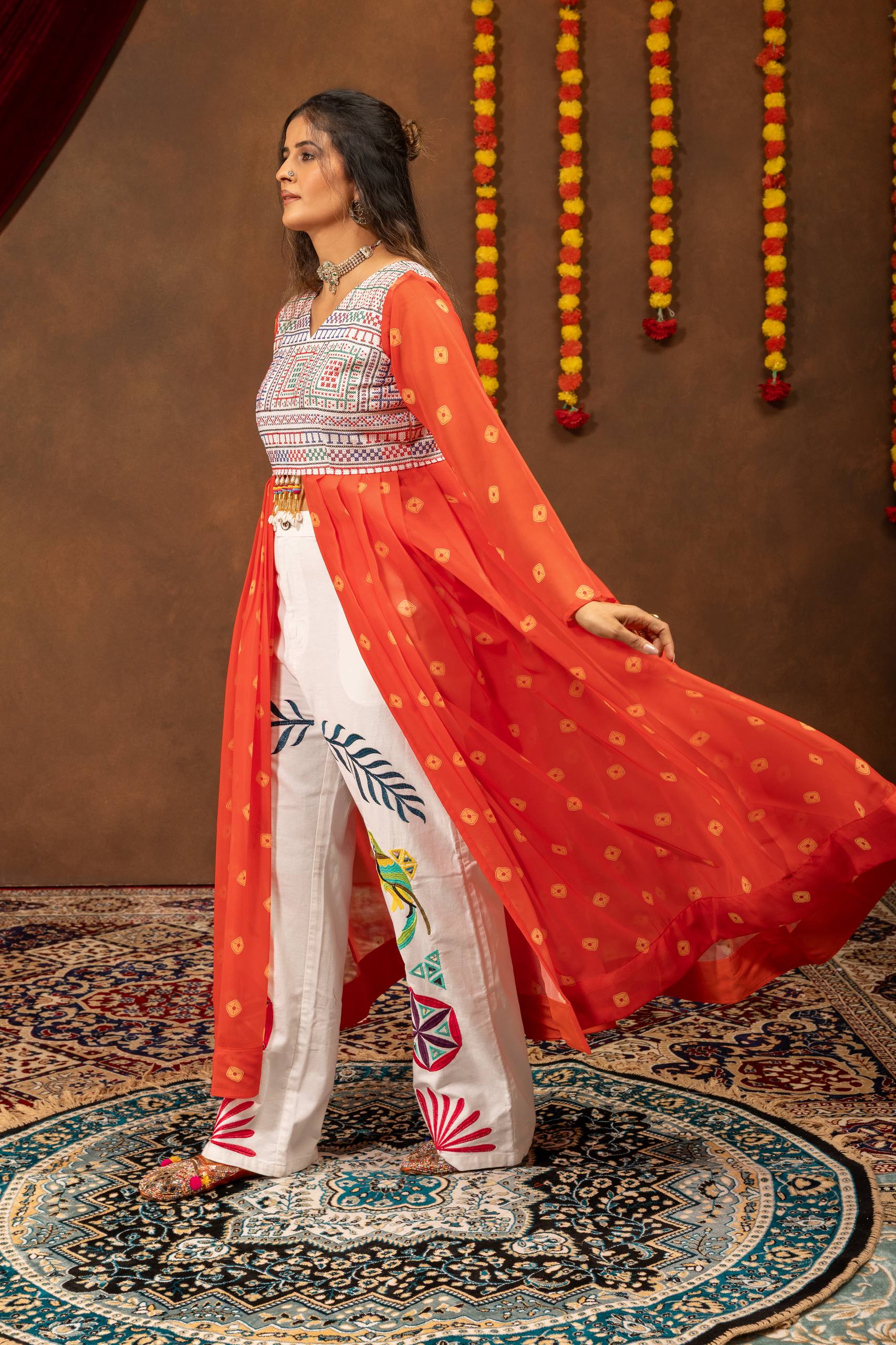 Chitrakshi Printed Georgette Embroidered Shrug with Embroidery & Mirror Work & Denim Jeans