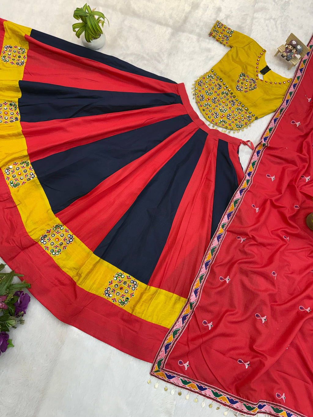 Manjari Cotton Mirror Work & Embroidered Lehenga with Chinon Blouse & Kodi Lace Dupatta