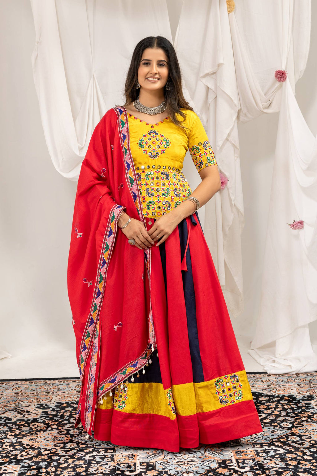 Manjari Cotton Mirror Work & Embroidered Lehenga with Chinon Blouse & Kodi Lace Dupatta