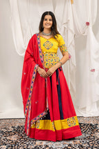 Manjari Cotton Mirror Work & Embroidered Lehenga with Chinon Blouse & Kodi Lace Dupatta
