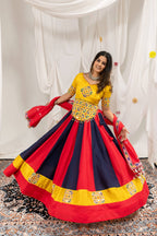 Manjari Cotton Mirror Work & Embroidered Lehenga with Chinon Blouse & Kodi Lace Dupatta