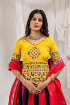 Manjari Cotton Mirror Work & Embroidered Lehenga with Chinon Blouse & Kodi Lace Dupatta