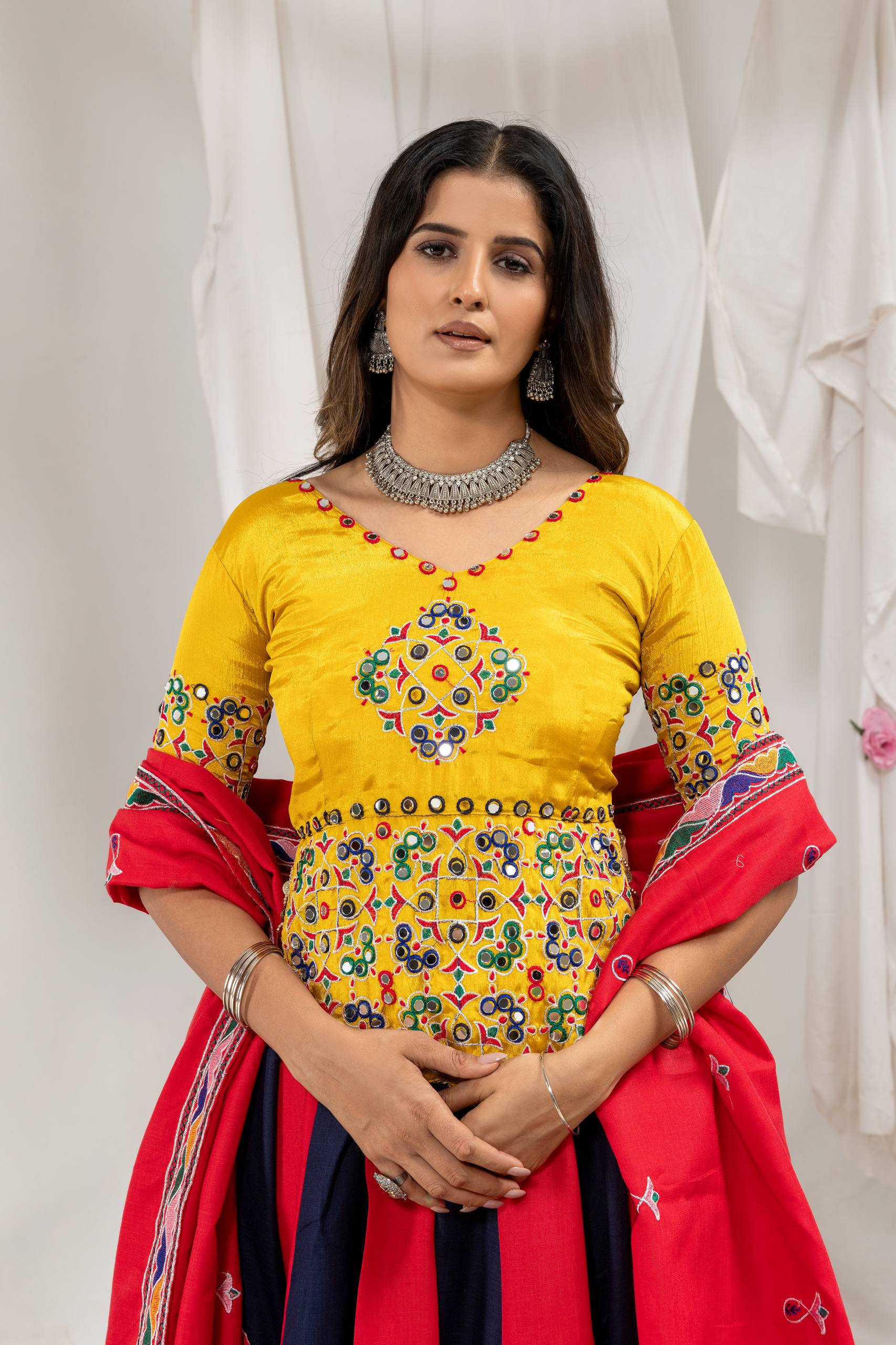 Manjari Cotton Mirror Work & Embroidered Lehenga with Chinon Blouse & Kodi Lace Dupatta