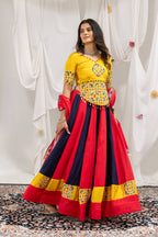 Manjari Cotton Mirror Work & Embroidered Lehenga with Chinon Blouse & Kodi Lace Dupatta