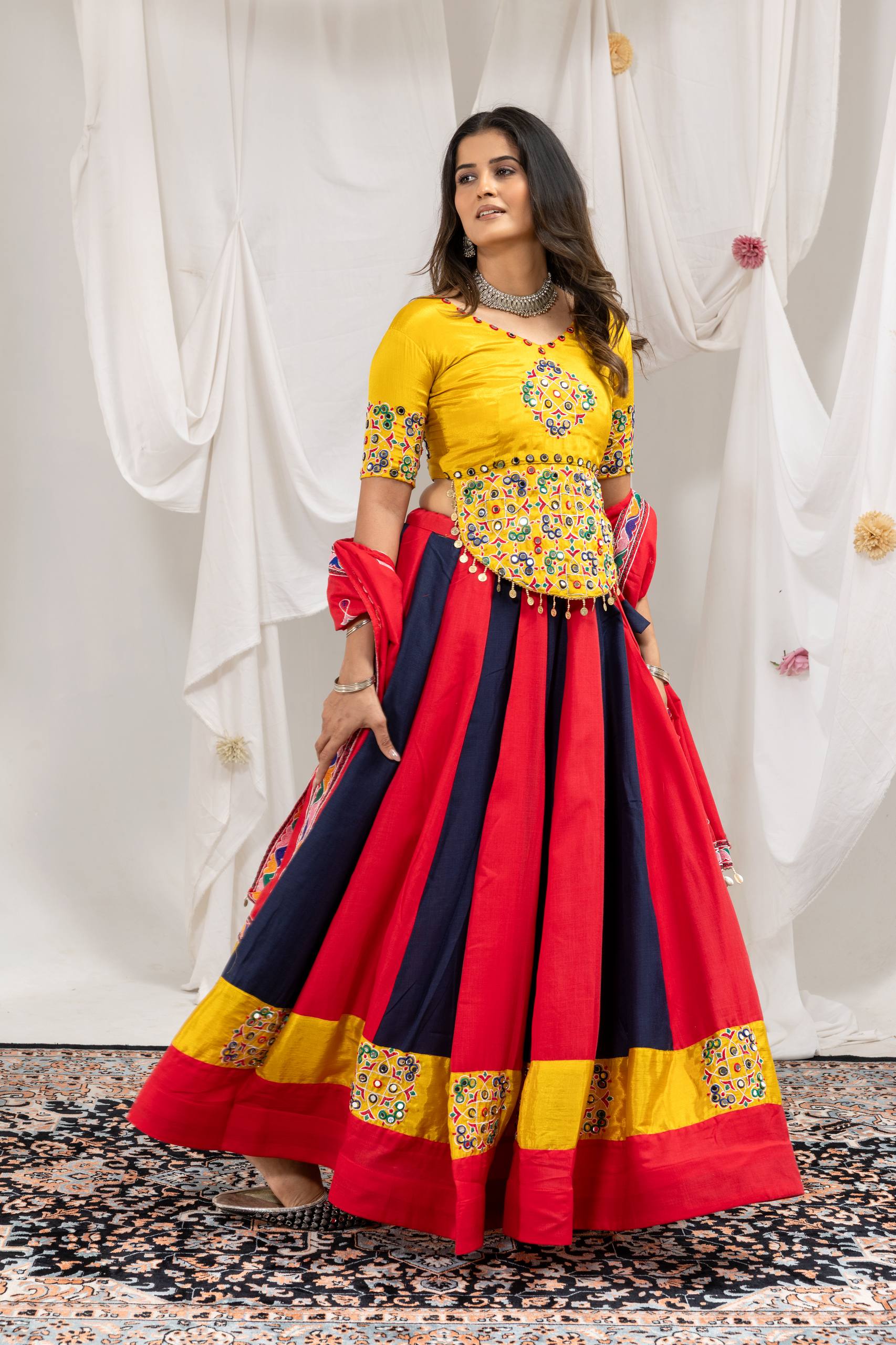 Manjari Cotton Mirror Work & Embroidered Lehenga with Chinon Blouse & Kodi Lace Dupatta