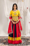Manjari Cotton Mirror Work & Embroidered Lehenga with Chinon Blouse & Kodi Lace Dupatta