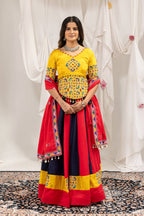 Manjari Cotton Mirror Work & Embroidered Lehenga with Chinon Blouse & Kodi Lace Dupatta