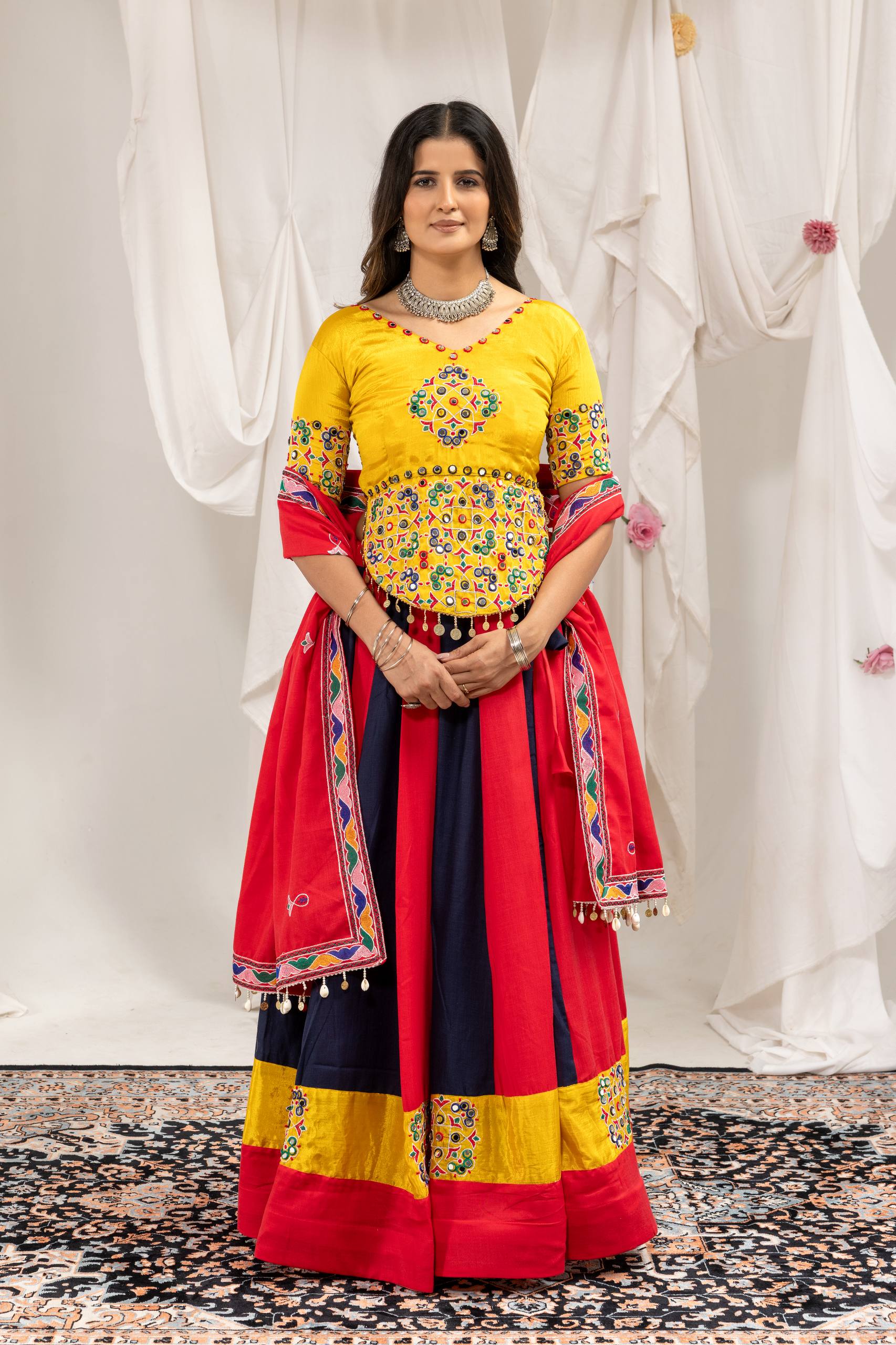 Manjari Cotton Mirror Work & Embroidered Lehenga with Chinon Blouse & Kodi Lace Dupatta