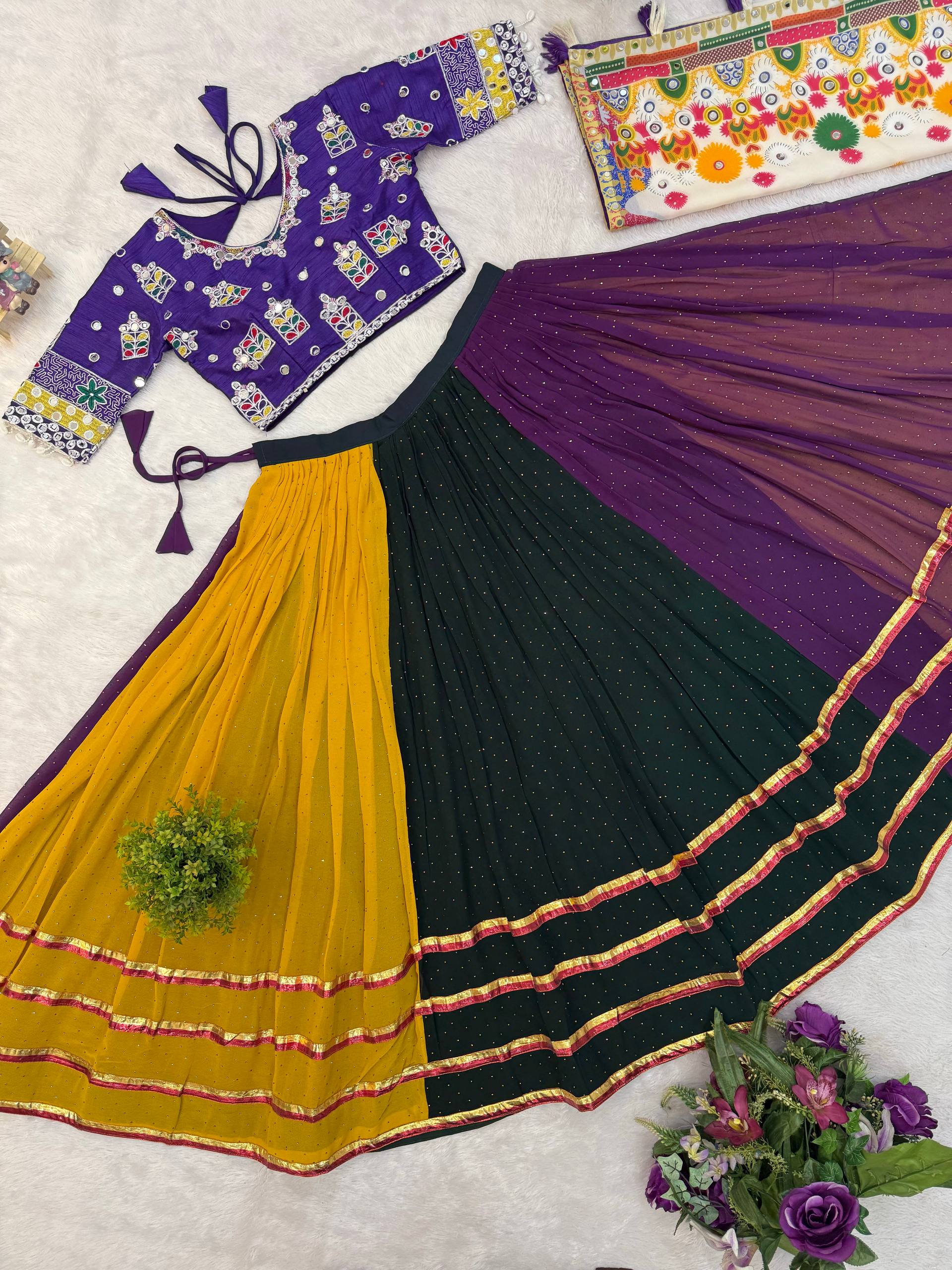 Aarini Georgette Lace Work Lehenga with Mirror Work Blouse & Dupatta
