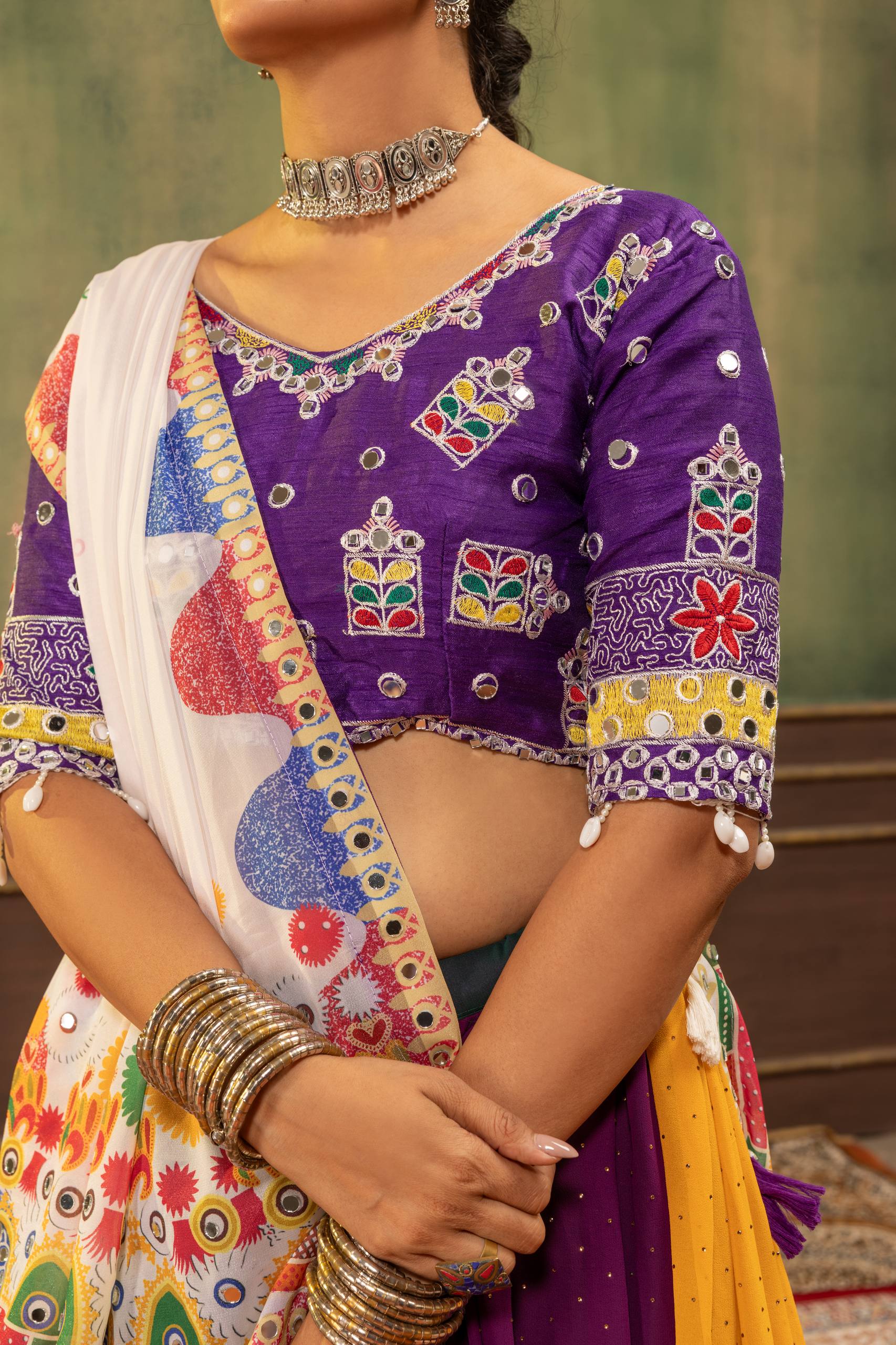 Aarini Georgette Lace Work Lehenga with Mirror Work Blouse & Dupatta