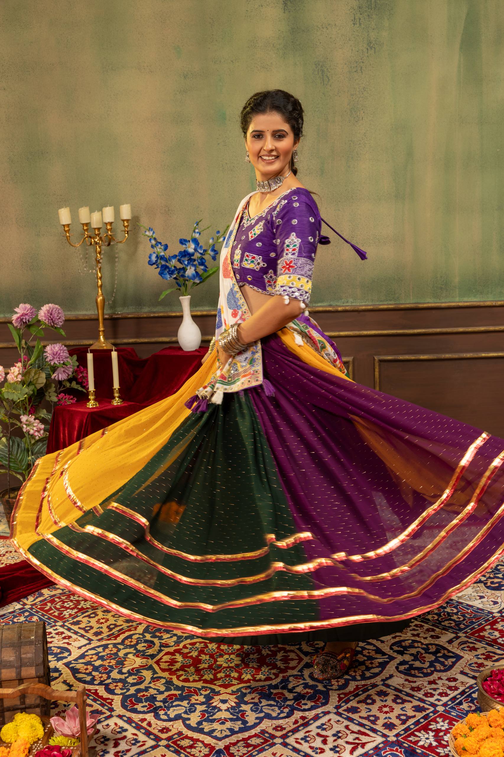 Aarini Georgette Lace Work Lehenga with Mirror Work Blouse & Dupatta