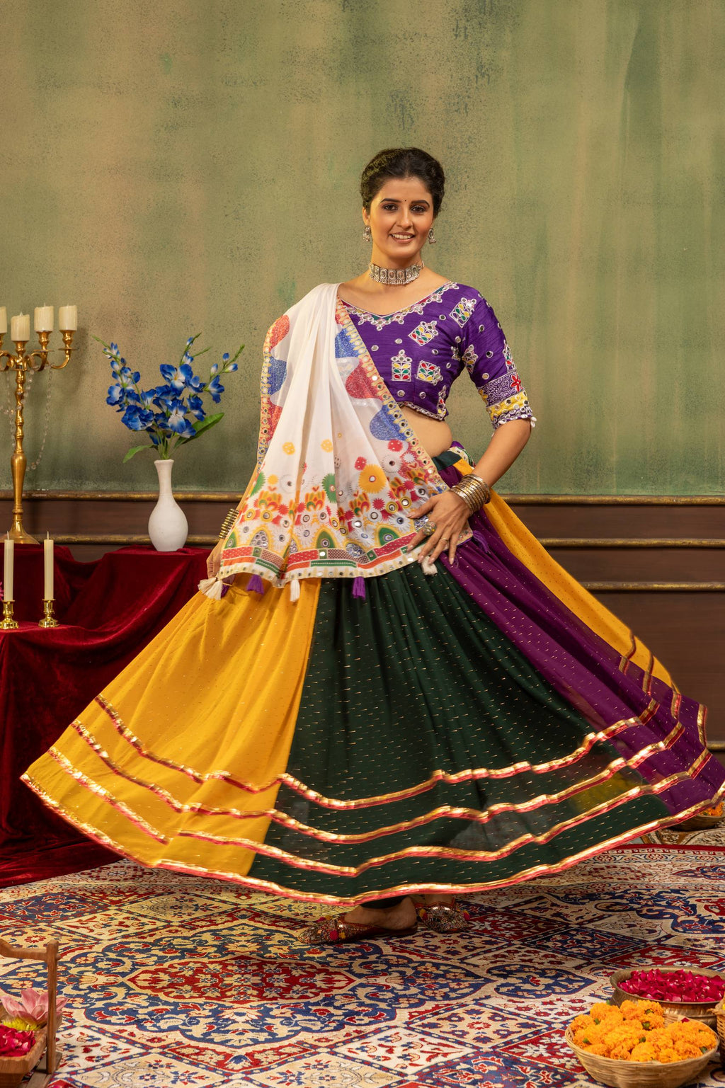 Aarini Georgette Lace Work Lehenga with Mirror Work Blouse & Dupatta