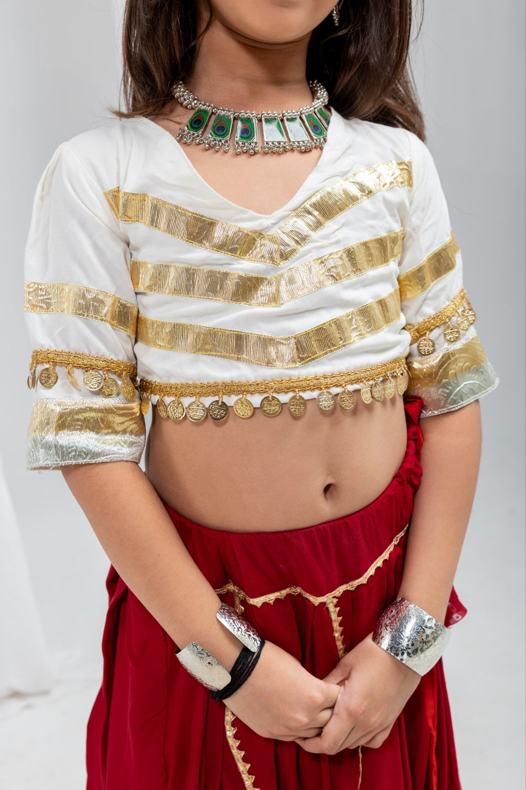 Advika Rayon Lace Work Red Lehenga with White Choli for Kids